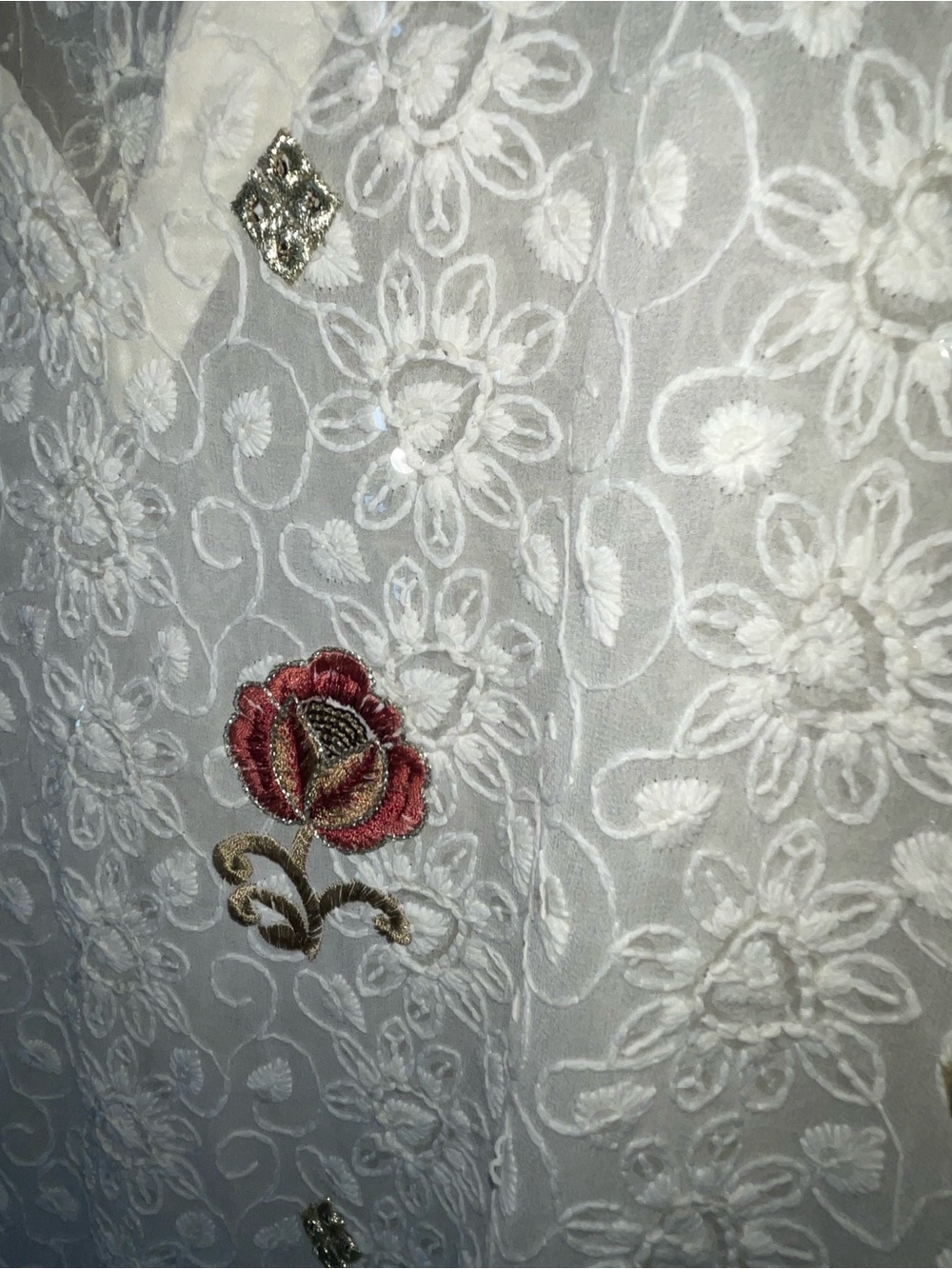 India Formal Kurti  Embroidered White Floral Short-Sleeve Tunic W/Sari - Picture 4 of 5